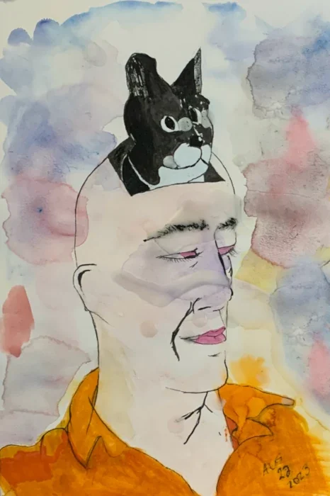 Man and cat watercolour surrealism