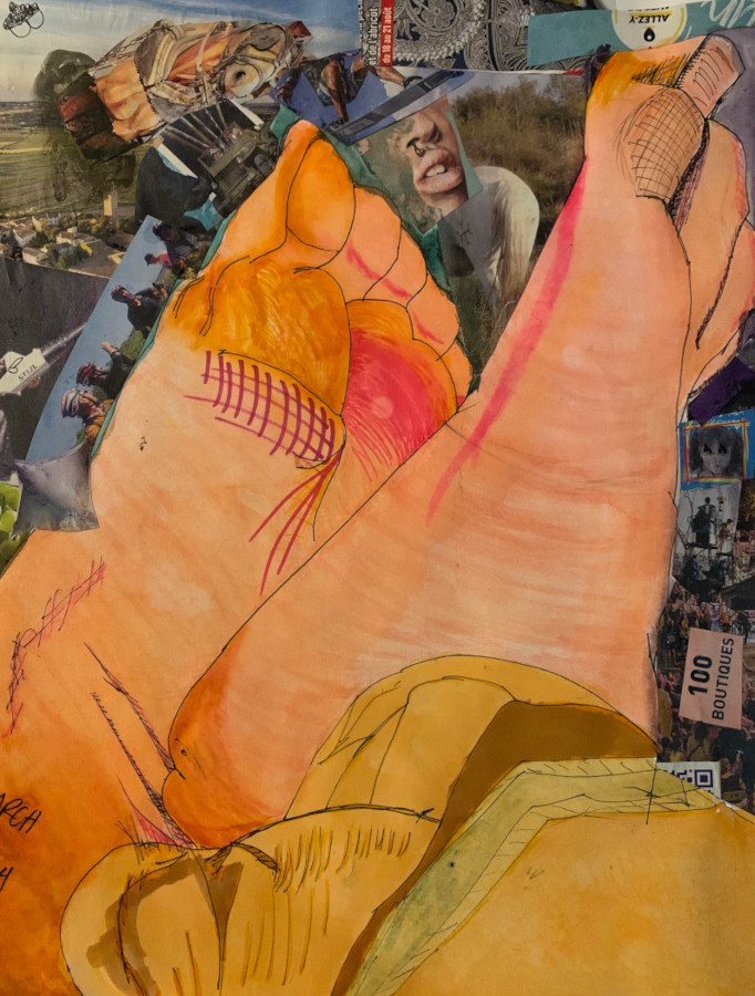 My personal nude model, modelling his feet. Then I collaged our european travel brochures around his feet.