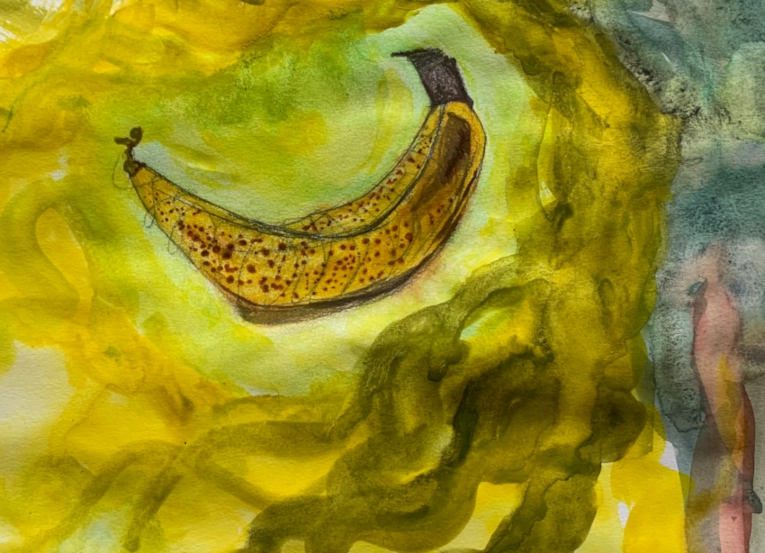 A ripe banana floating in dark yellow and green clouds